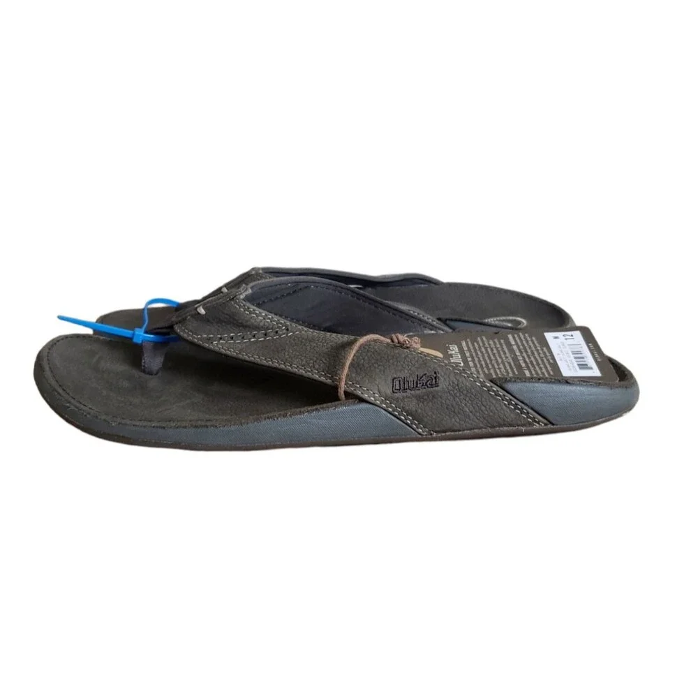 OluKai Nui Men’s Flip Flop Sandals Full Grain Leather Gray Size 12 NEW